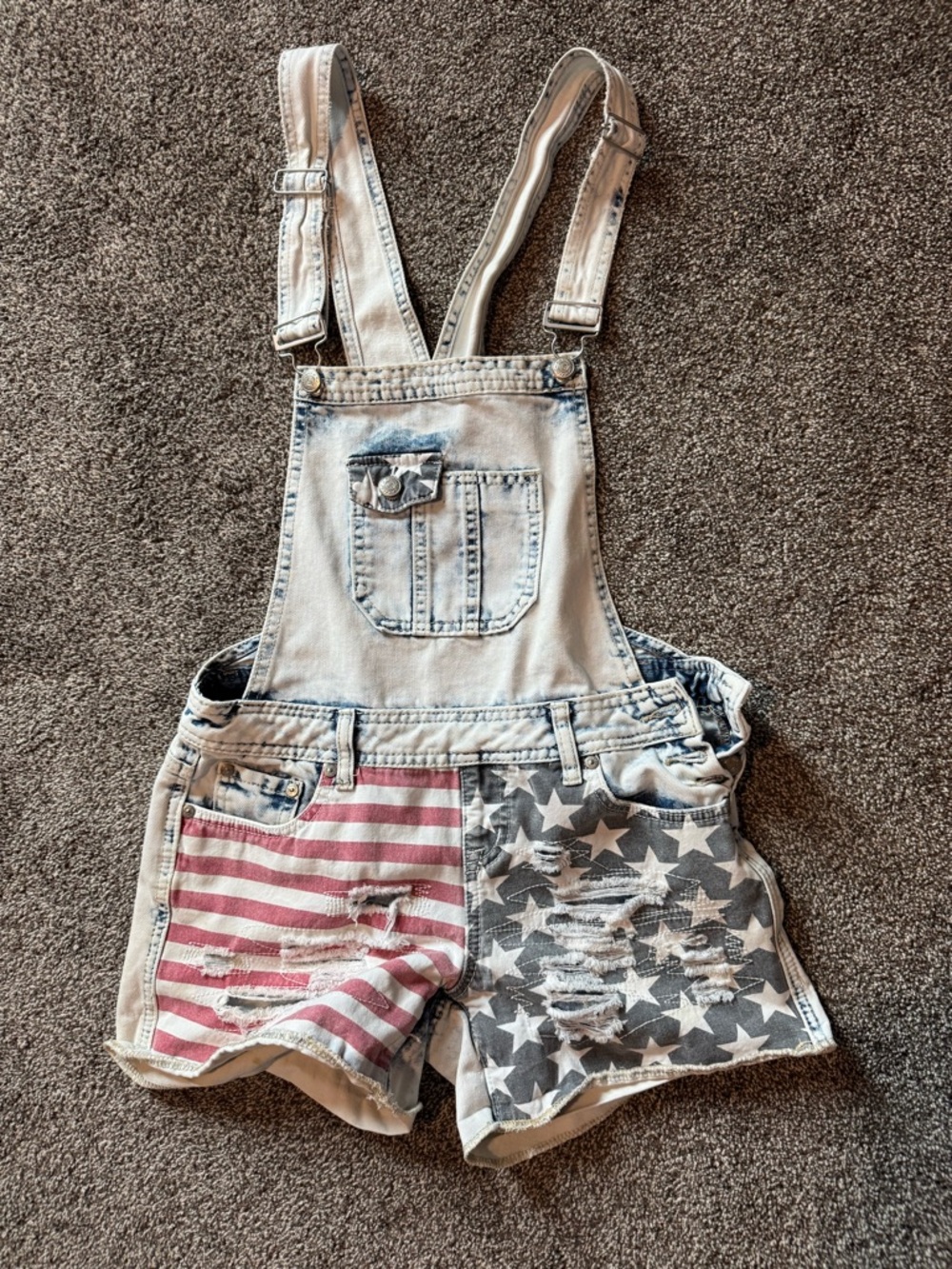 Distressed Denim Short Overalls with American Flag Print